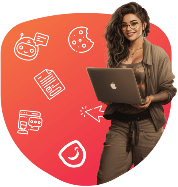Woman holding laptop with digital icons background.